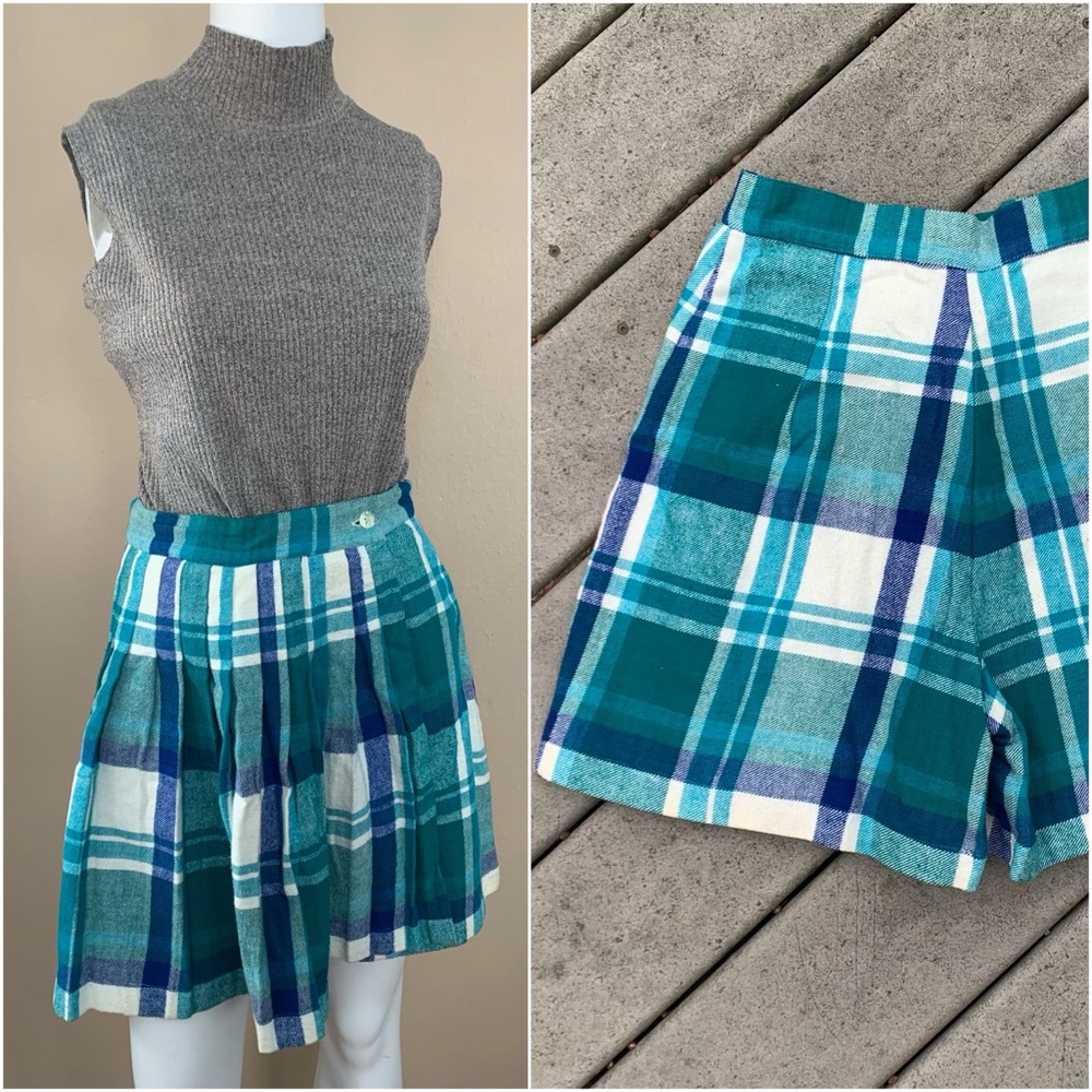Vintage Teal Plaid Skort | 90’s Pleated Mini Skirt | High Waisted Plaid Shorts